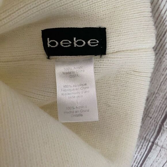 Bebe women OS Winter beanie and scarf white w/black writing main image 5